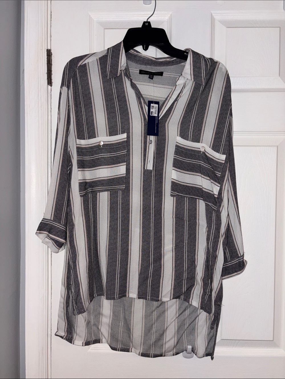 Adrienne Vittadini Gray & White Striped Button-Front Tunic